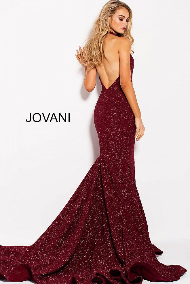 Halter Plunging Neck Prom Dress - Wine by Jovani — alternate view