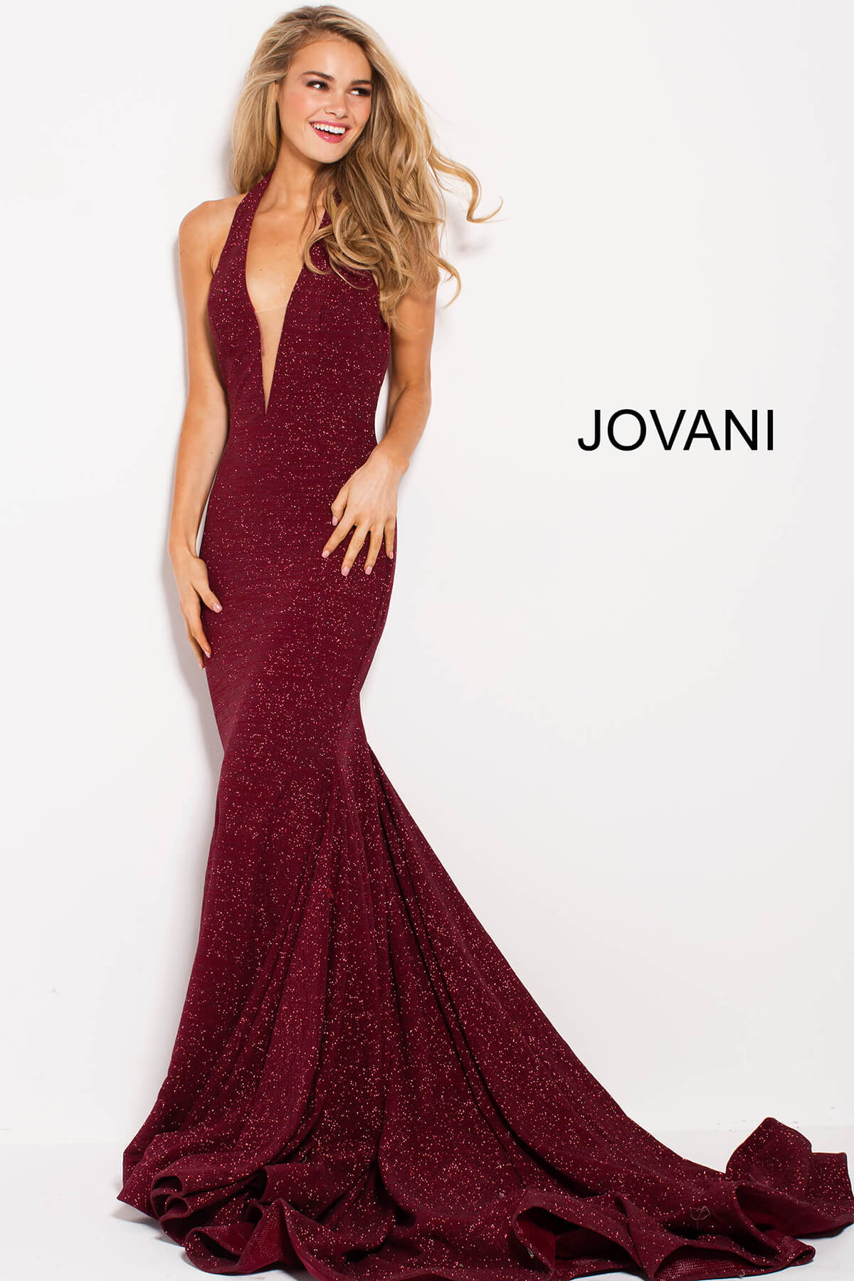 Halter Plunging Neck Prom Dress - Wine by Jovani | 25 South Boutiques