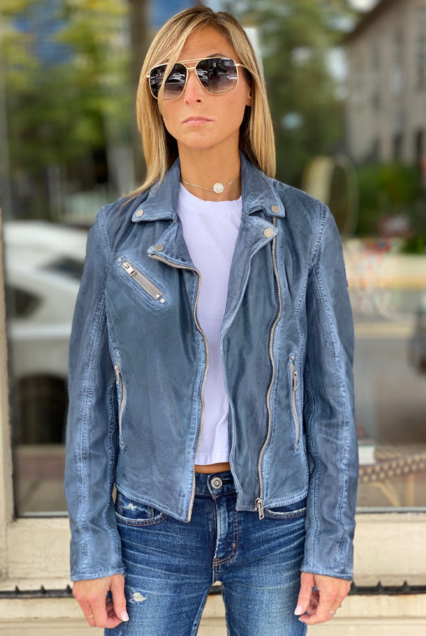 Maysie Peace Leather Jacket - Sky by Mauritius — view 3
