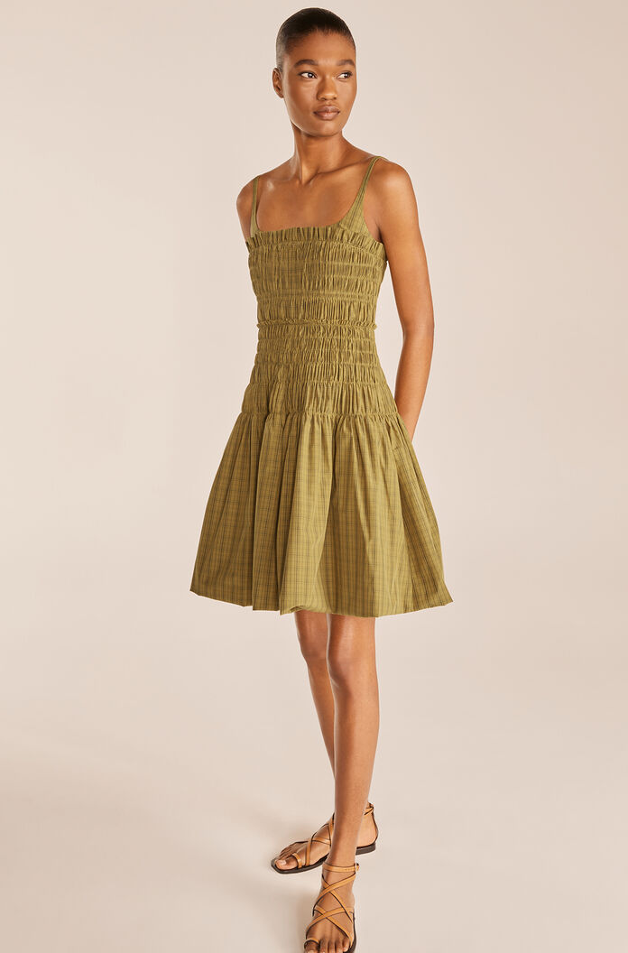 Mini Plaid Smocked Dress - Plaid Olive Combo by Rebecca Taylor — view 3