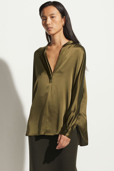 Band Collar Silk Blouse - Olive Erba by Vince | 25 South Boutiques