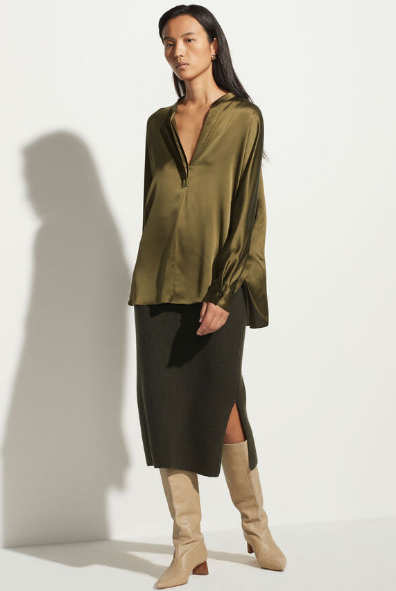 Band Collar Silk Blouse - Olive Erba by Vince — view 3