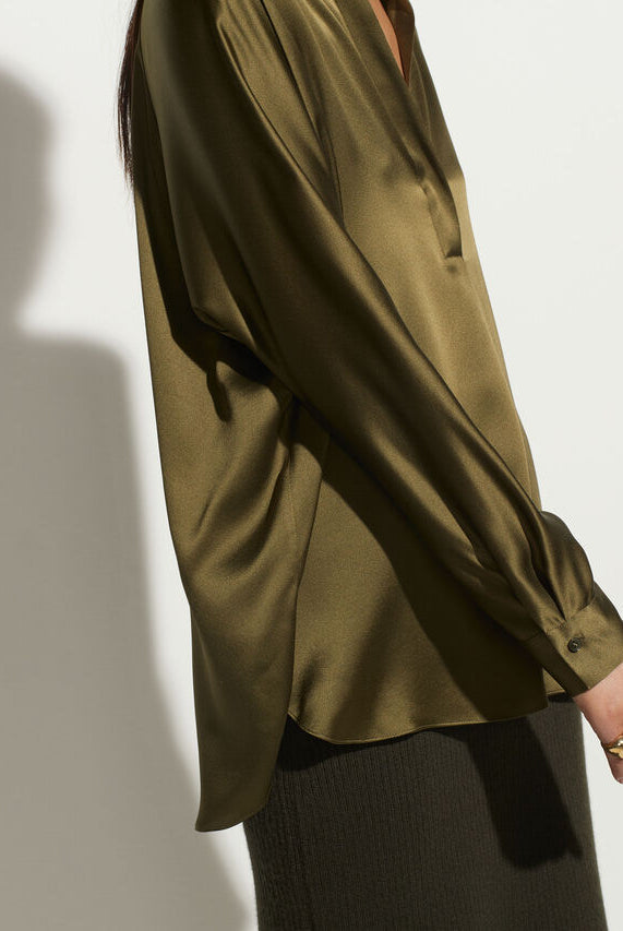 Band Collar Silk Blouse - Olive Erba by Vince — alternate view