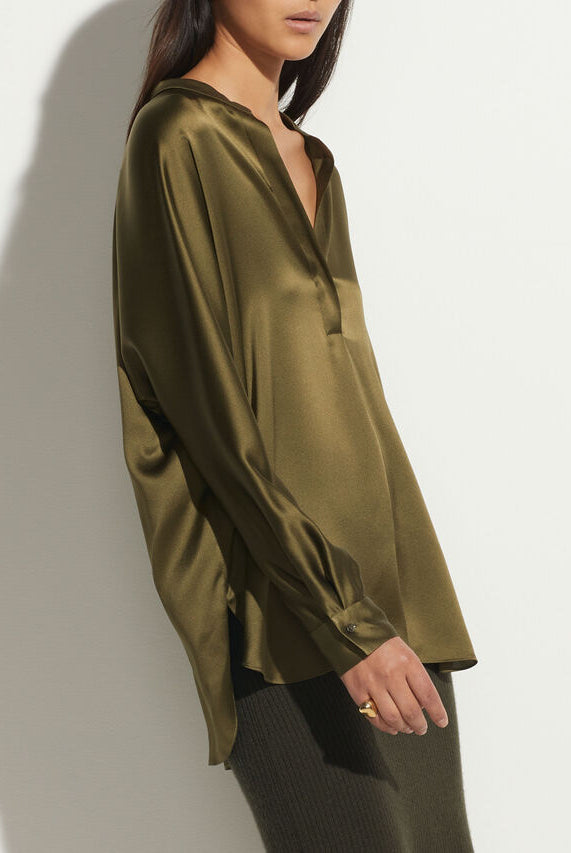 Band Collar Silk Blouse - Olive Erba by Vince — view 5
