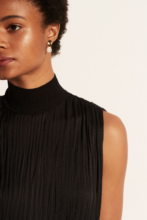 Rib Mock Neck Crushed Satin Shell - Black by Vince — alternate view