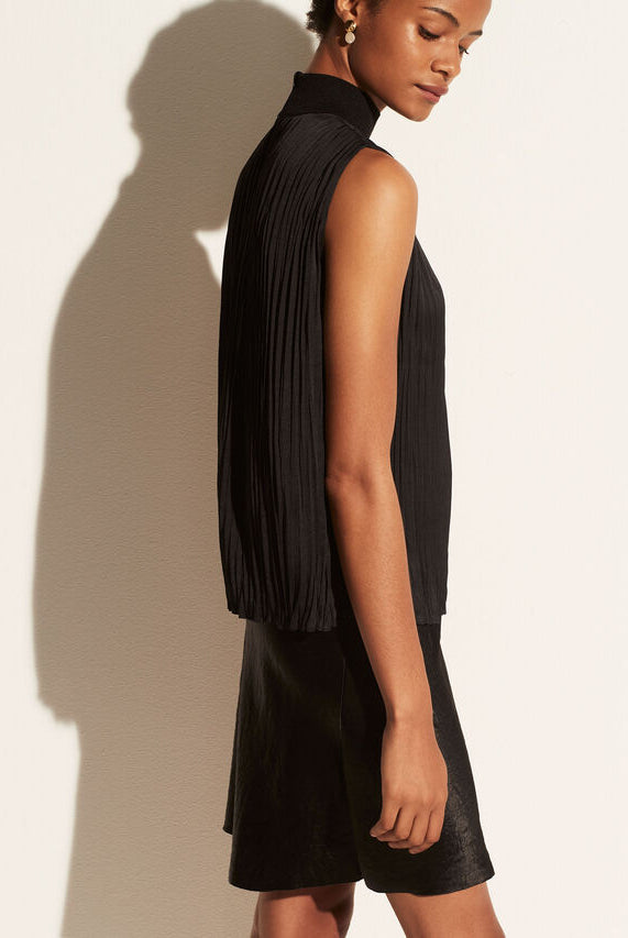 Rib Mock Neck Crushed Satin Shell - Black by Vince — view 3