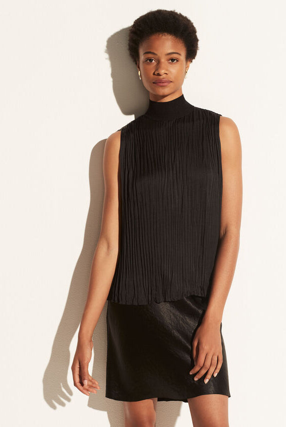 Rib Mock Neck Crushed Satin Shell - Black by Vince | 25 South Boutiques