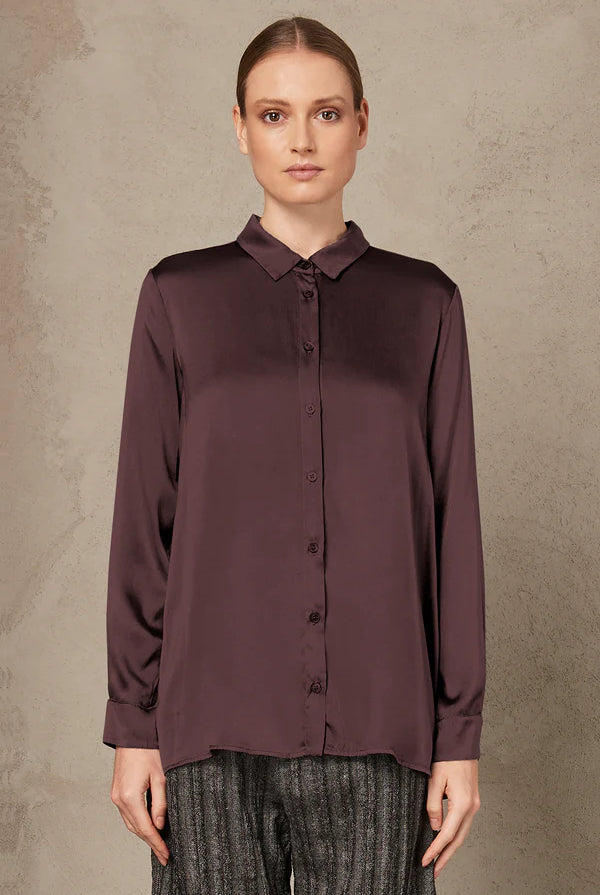 Stretch Satin Silk Shirt - Burgundy by Transit Par-Such — view 3