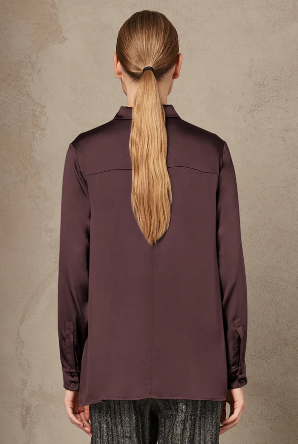 Stretch Satin Silk Shirt - Burgundy by Transit Par-Such — view 6