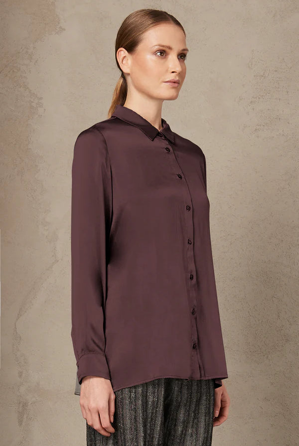 Stretch Satin Silk Shirt - Burgundy by Transit Par-Such — view 5