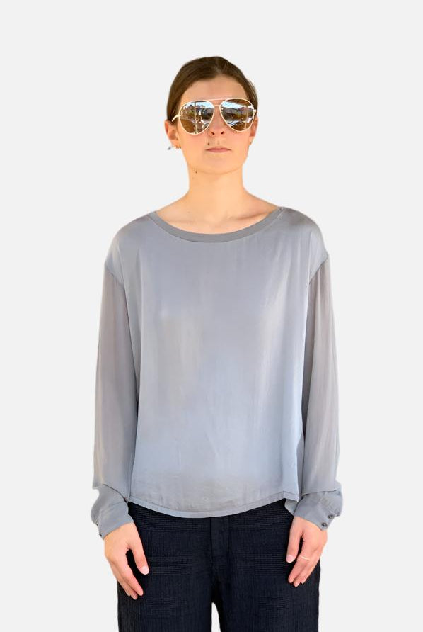 Button Down Sheer Back Blouse - Grey by Transit Par-Such | 25 South Boutiques