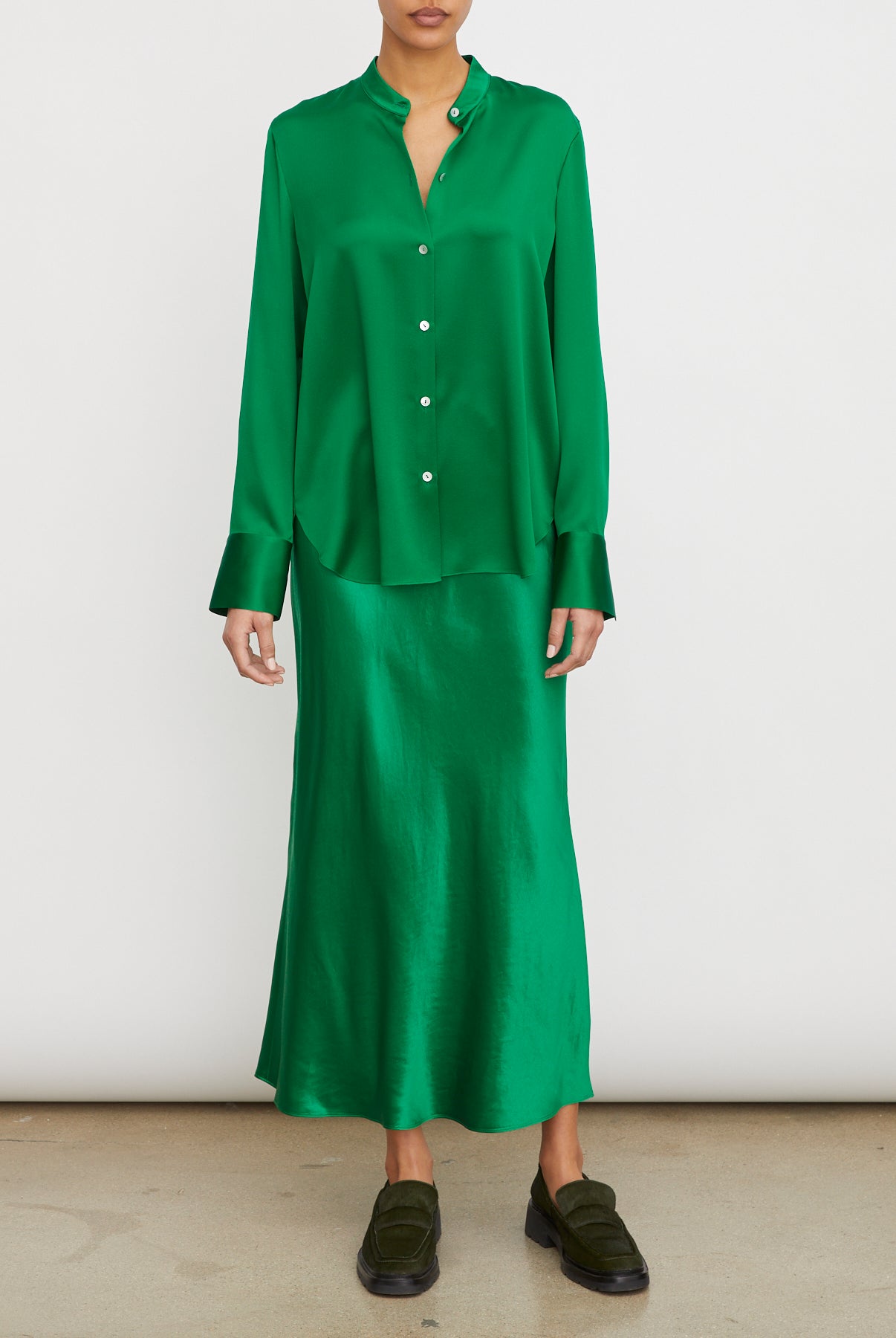 Slim Fitted Band Collar Blouse - Emerald by Vince — alternate view