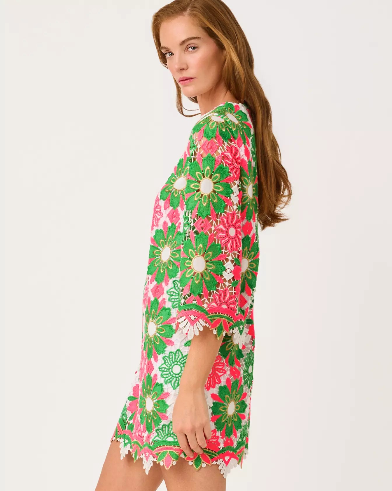 Jouri 3/4 Sleeve Lace Dress - Cherry Blossom Pink Sunshine Tile Lace by Lilly Pulitzer — view 4