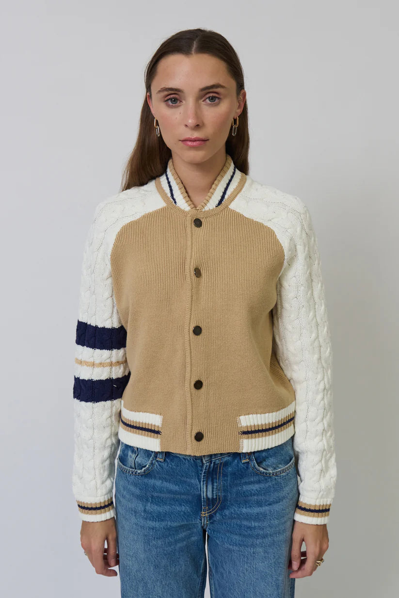 Chloe Cable Sleeve Knit Bomber - Camel Multi by Central Park West | 25 South Boutiques