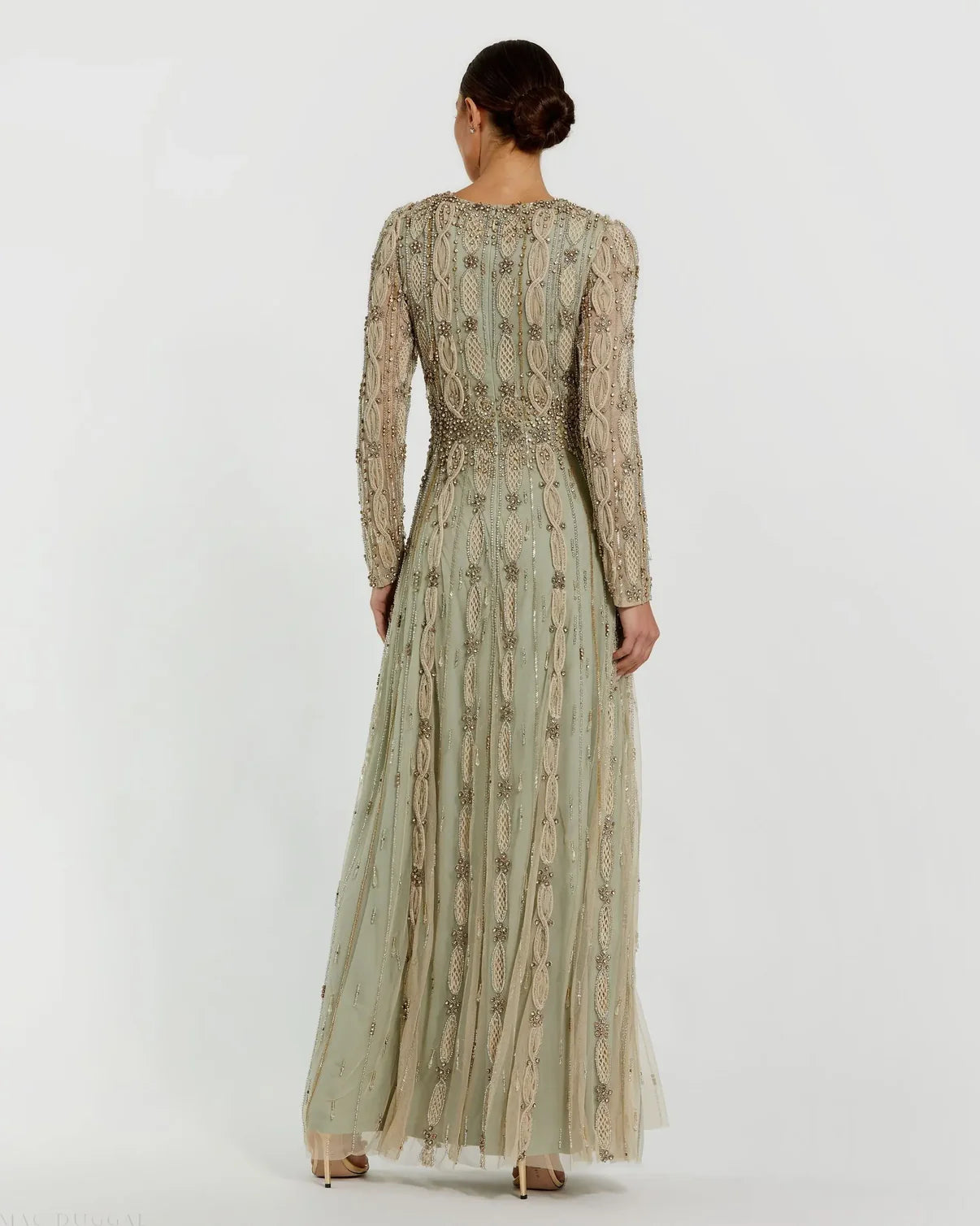 Embellished Mesh Long Sleeve A Line Gown - Nude Sage by Mac Duggal — alternate view
