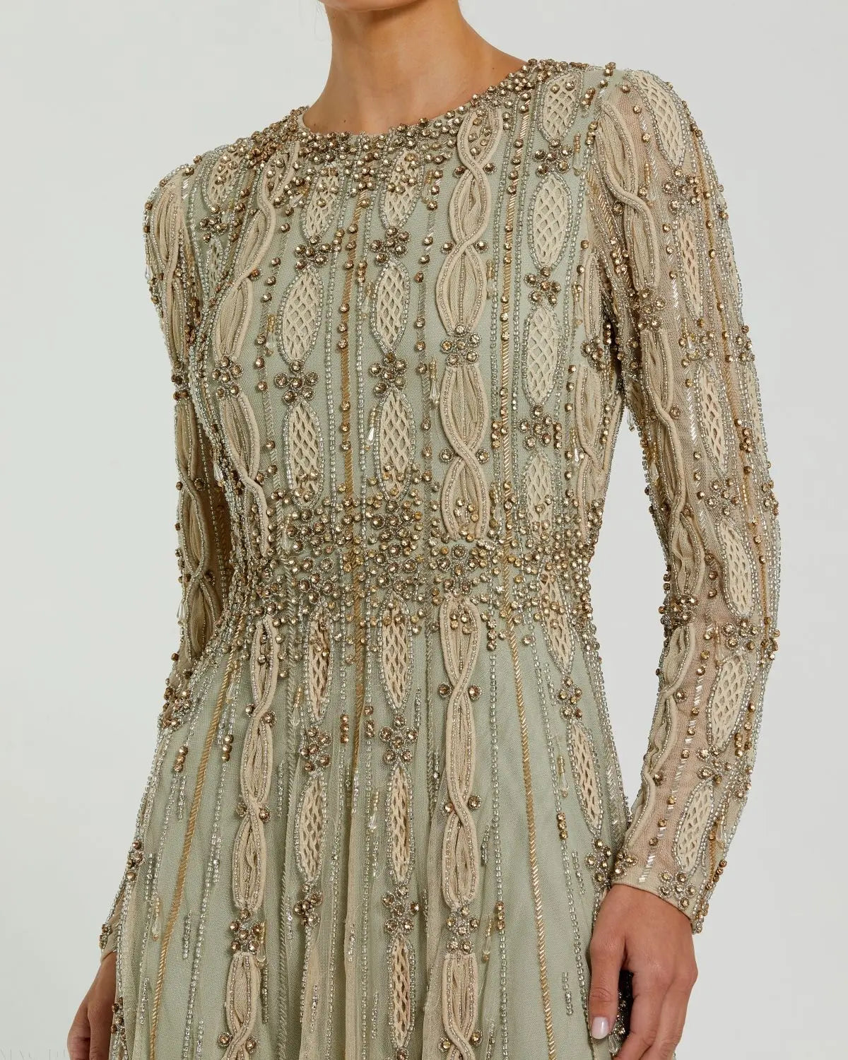 Embellished Mesh Long Sleeve A Line Gown - Nude Sage by Mac Duggal — view 3