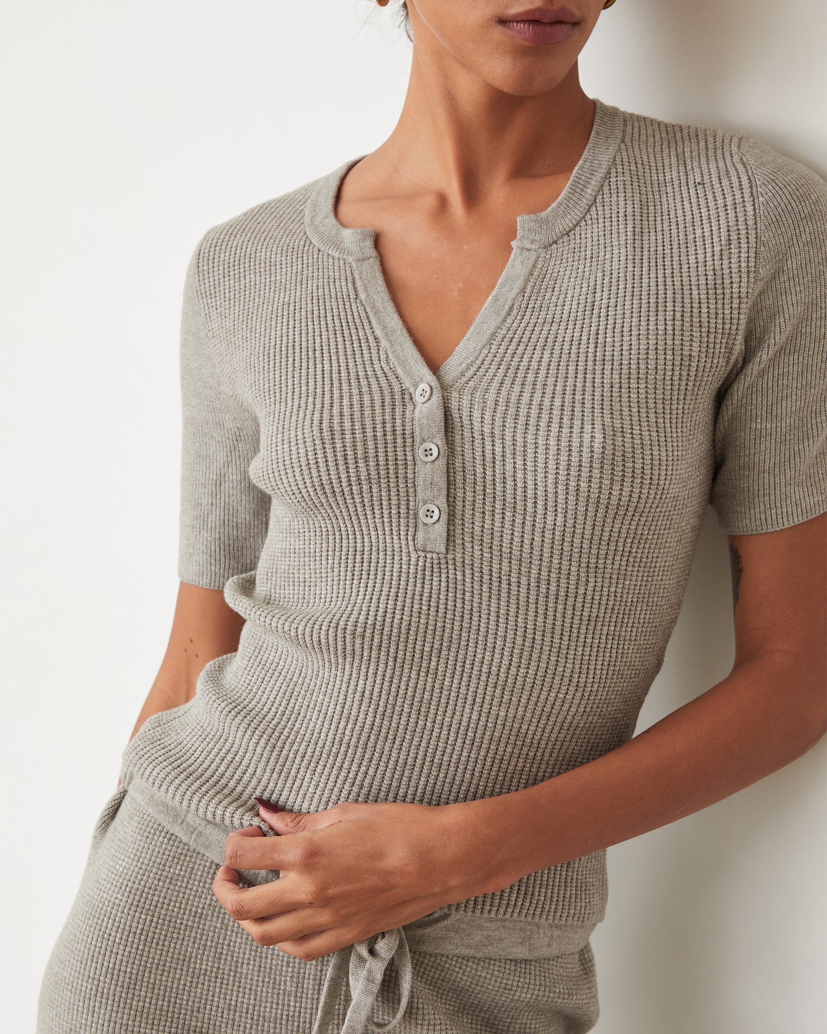 Softknit Rib Waffle Henley - Heather Grey by Monrow — view 4