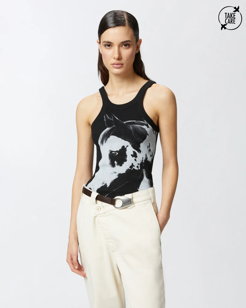 PINKO X Patrick McDowell Ribbed Horse Print Top - Black White | 25 South Boutiques