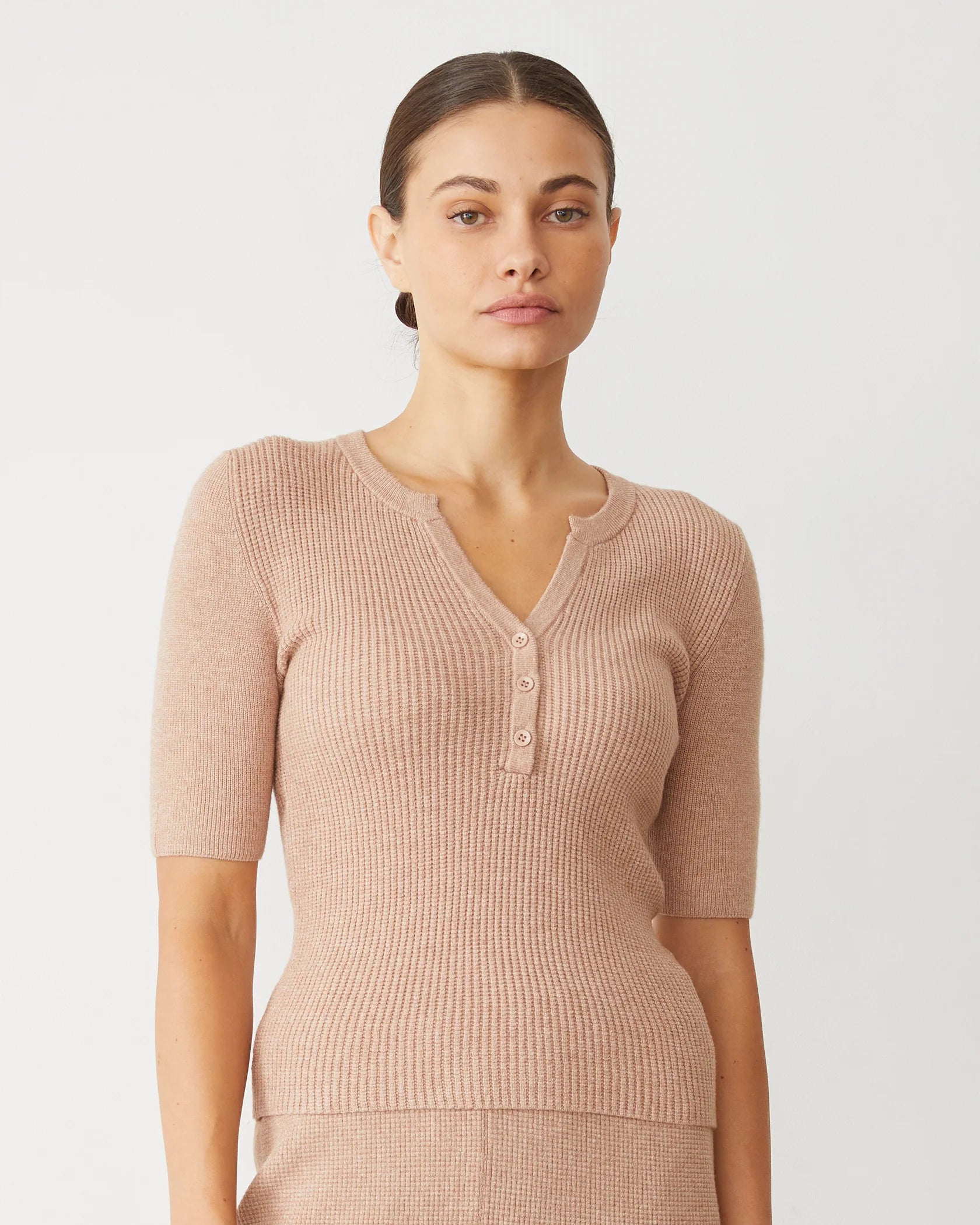 Softknit Rib Waffle Henley - Taupe by Monrow | 25 South Boutiques