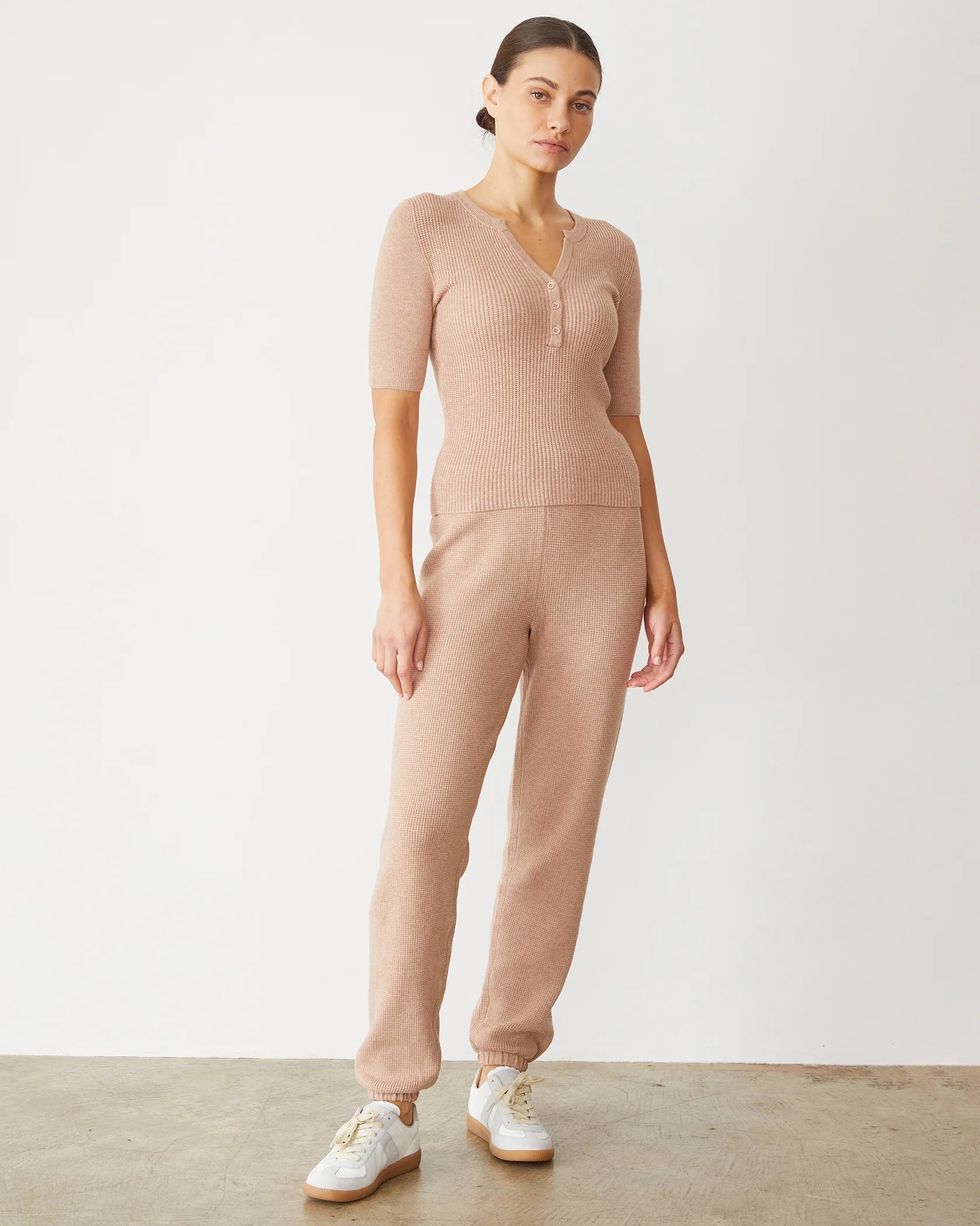 Softknit Rib Waffle Henley - Taupe by Monrow — view 5