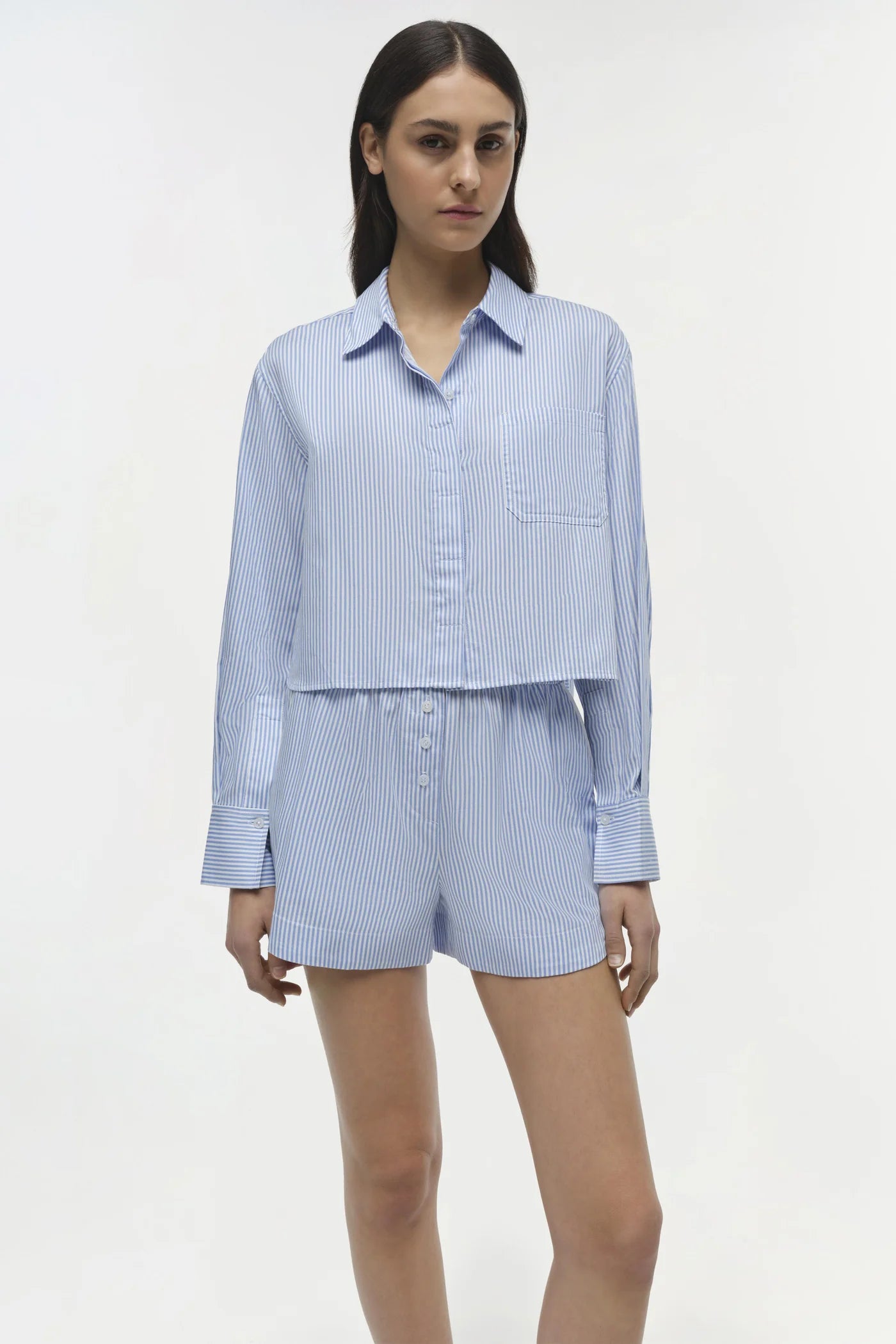 Renata Long Sleeve Cropped Shirt - Blue Hydrangea Stripe by Jonathan Simkhai | 25 South Boutiques