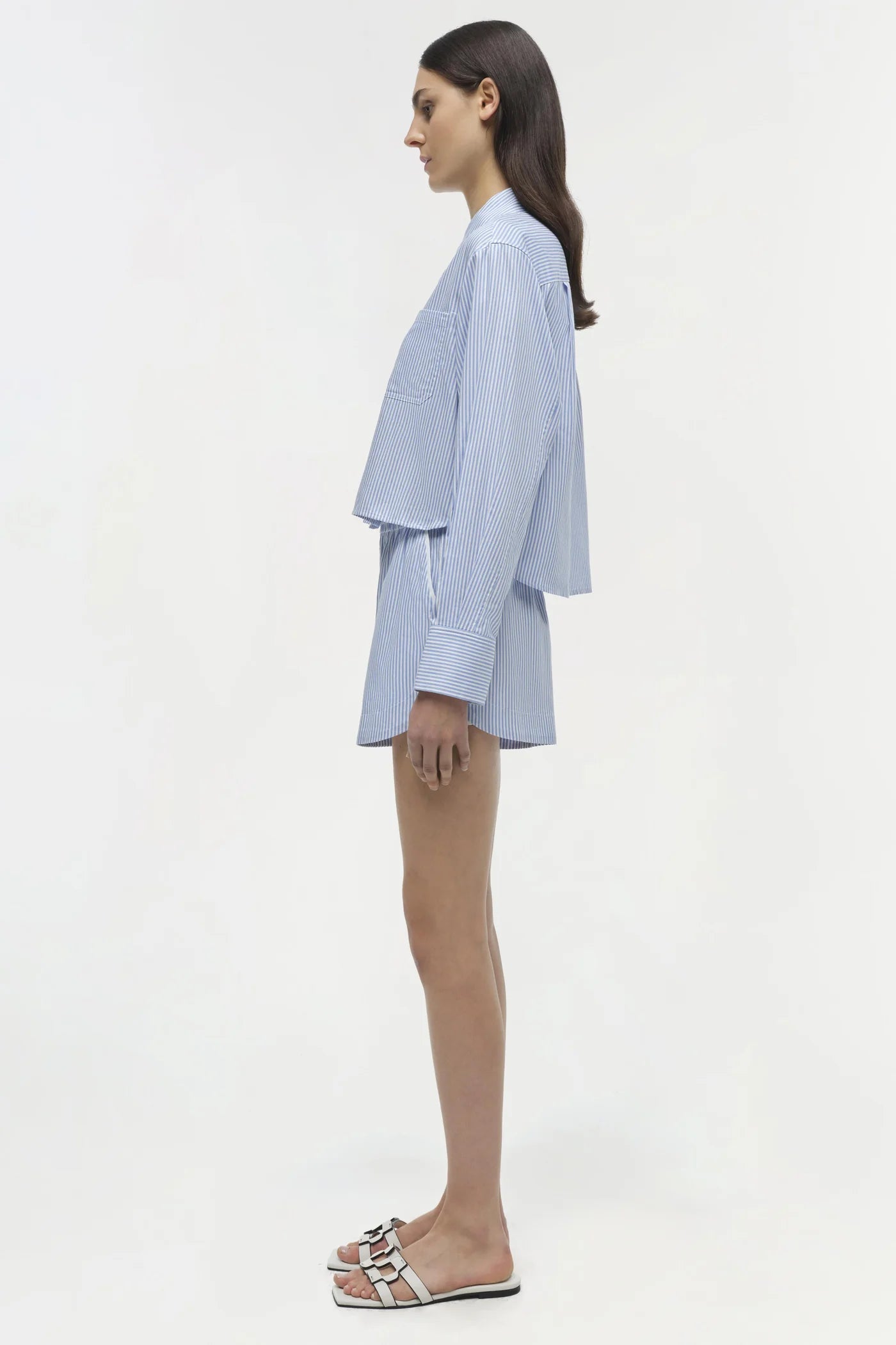Renata Long Sleeve Cropped Shirt - Blue Hydrangea Stripe by Jonathan Simkhai — view 3