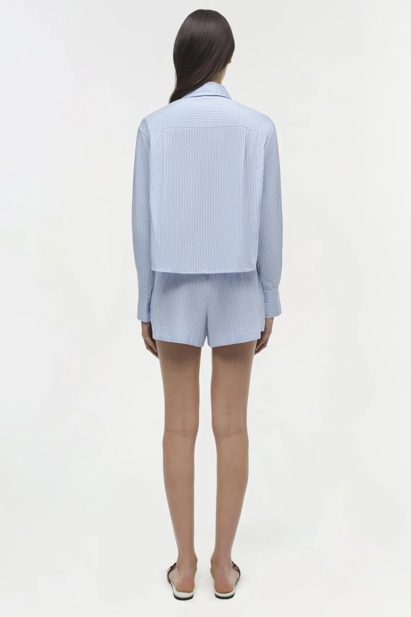 Renata Long Sleeve Cropped Shirt - Blue Hydrangea Stripe by Jonathan Simkhai — view 4