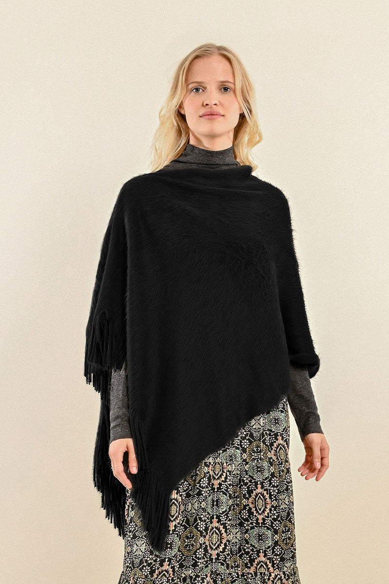Soft Fringed Poncho - Black by Molly Bracken — alternate view