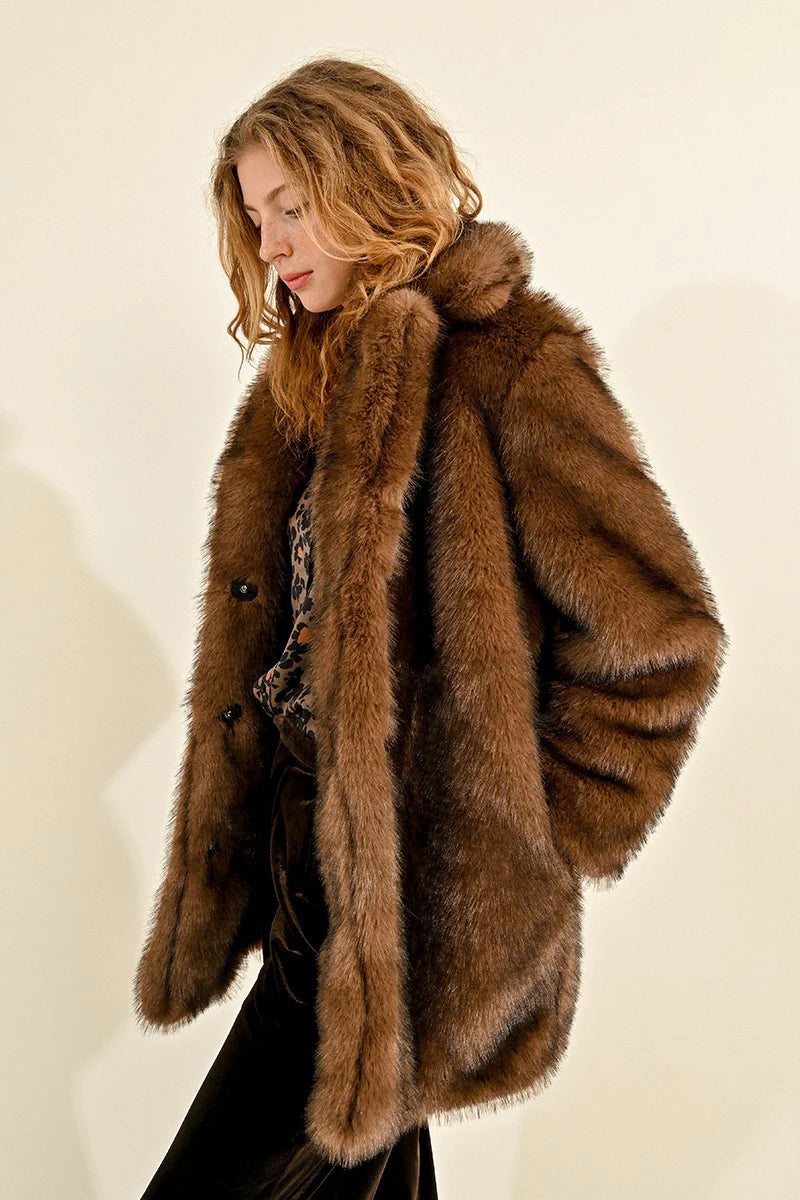 Faux Fur Coat - Brown by Molly Bracken — view 3