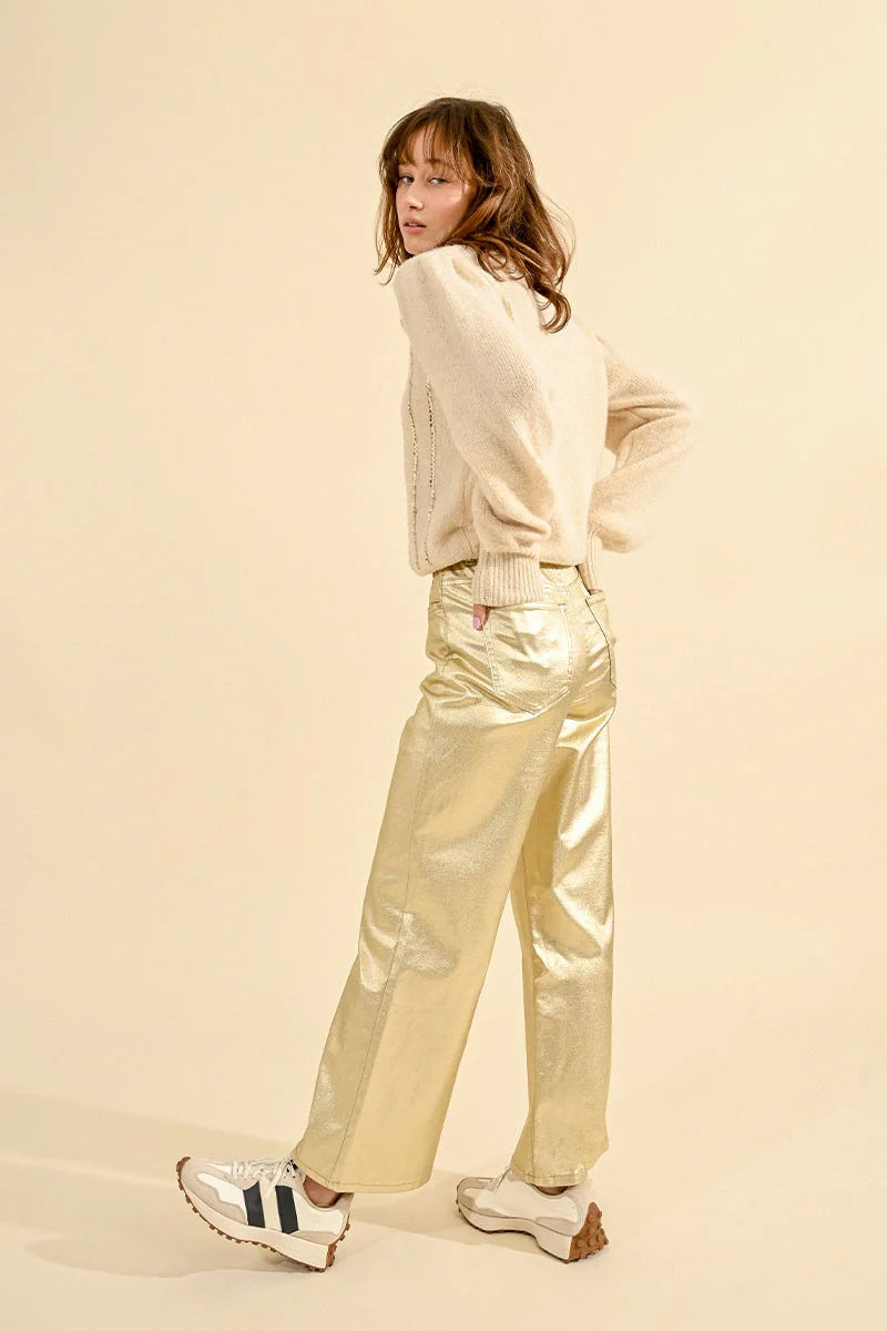 High Waist Coated Pants - Golden Beige by Molly Bracken — alternate view