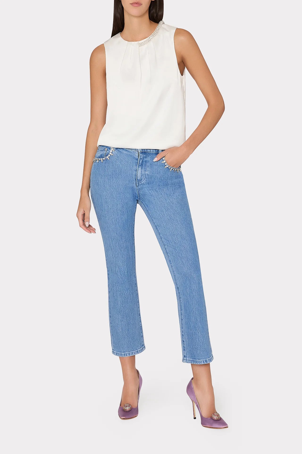 Lily Satin Crystal Embellished Top - White by Milly — view 3