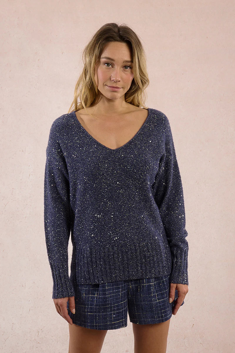 Sequin Knitted Sweater - Navy by Molly Bracken — view 3
