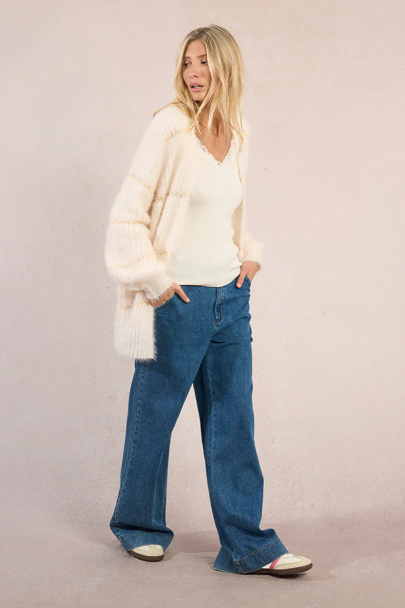 Flared Sleeve Knitted Cardigan - Off White by Molly Bracken — view 5
