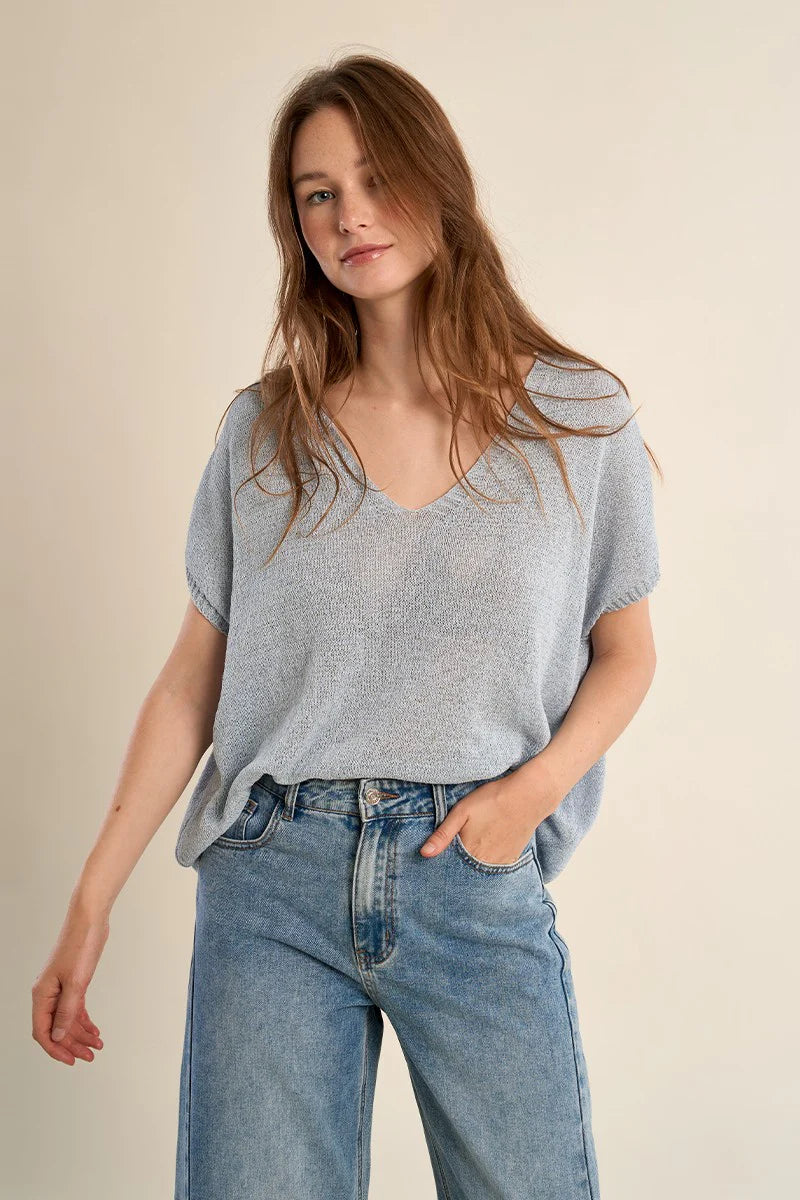 V Neck Knitted Sweater - Blue by Molly Bracken | 25 South Boutiques