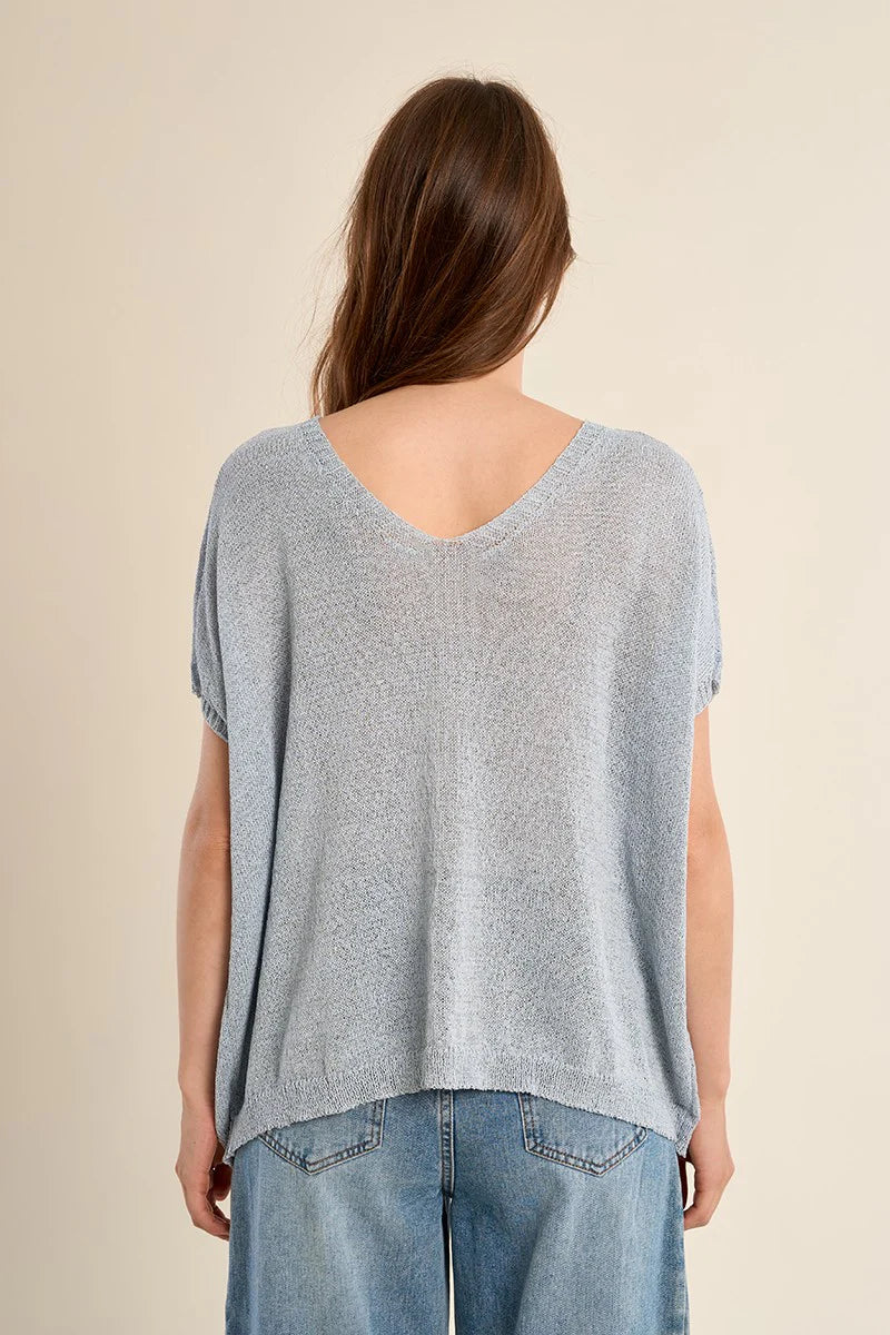 V Neck Knitted Sweater - Blue by Molly Bracken — view 3