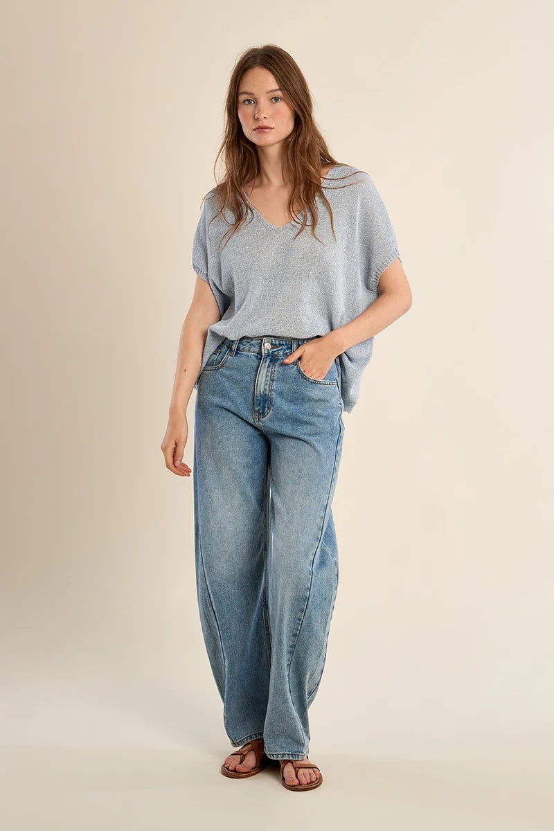 V Neck Knitted Sweater - Blue by Molly Bracken — view 4