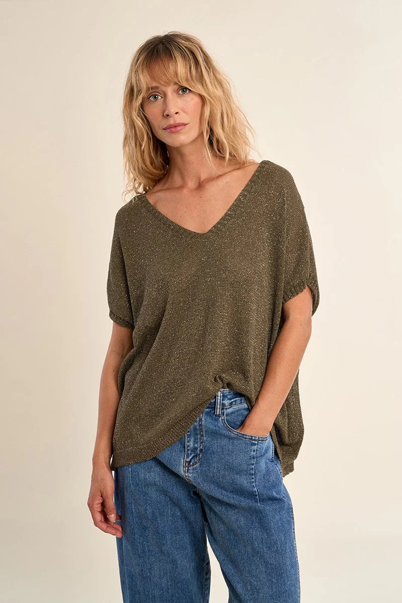 V Neck Knitted Sweater - Khaki by Molly Bracken | 25 South Boutiques