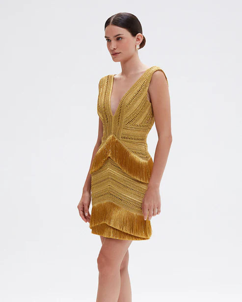Pampas Fringe Mini Dress - Gold by PatBo — alternate view