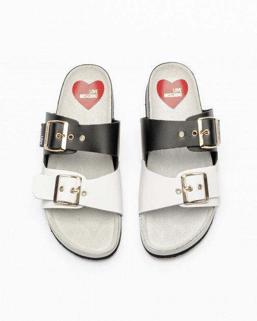 Logo Buckle Slides - Black / White by Love Moschino — view 4