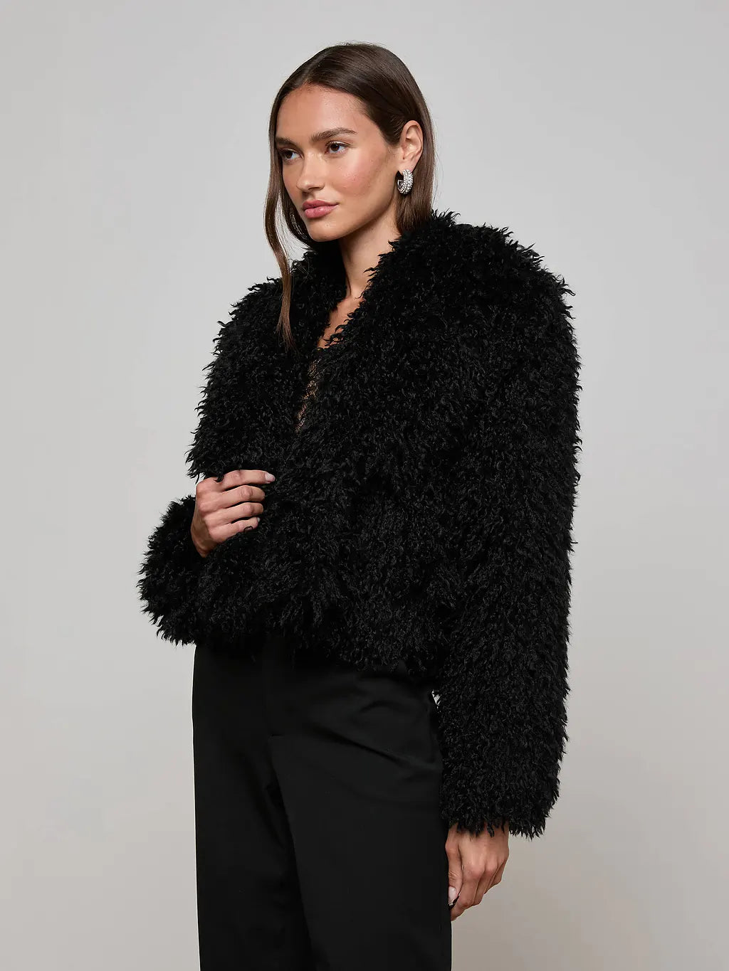 Aura Cropped Faux Fur Jacket - Black by L'agence — view 3