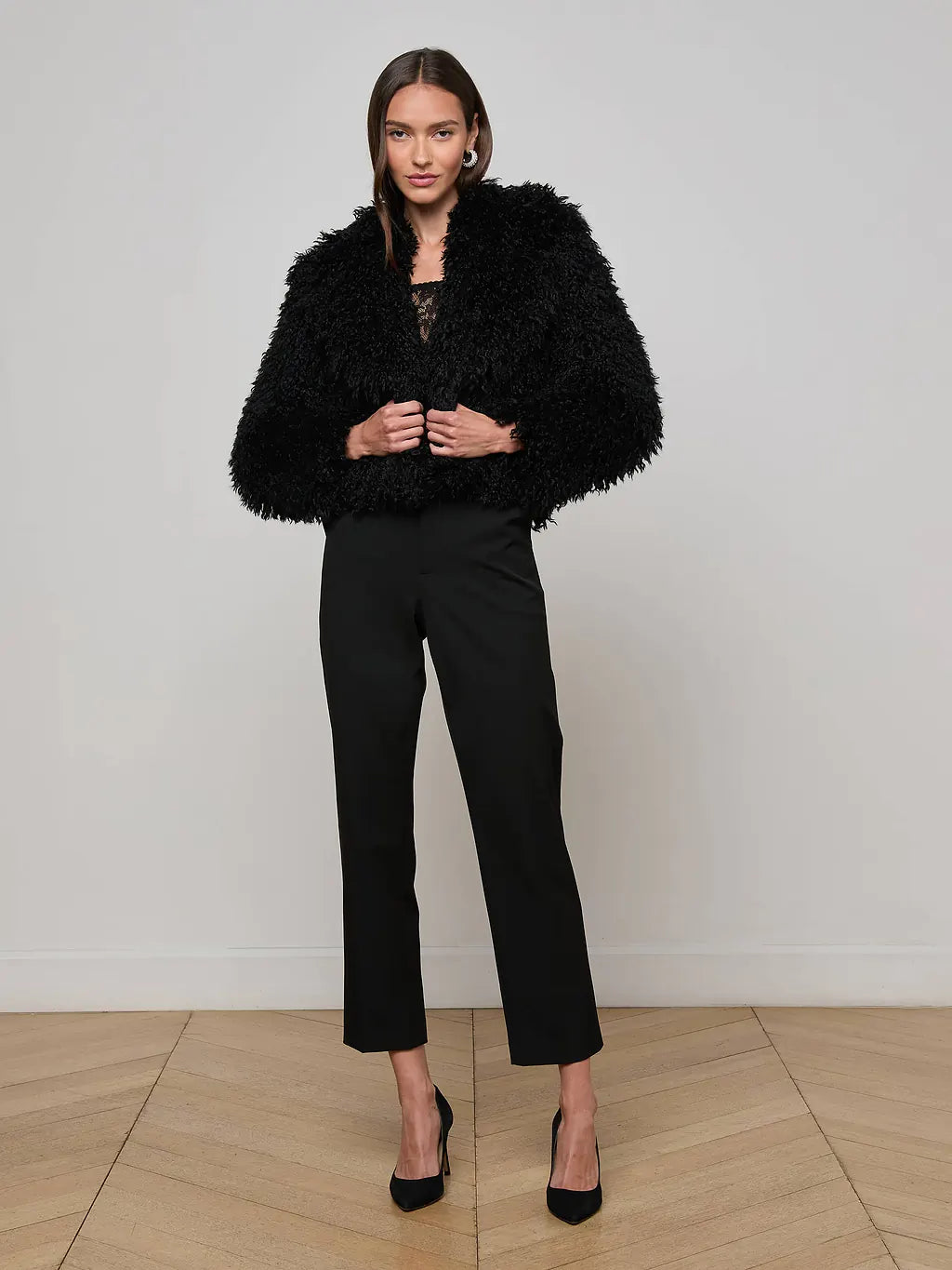 Aura Cropped Faux Fur Jacket - Black by L'agence — alternate view