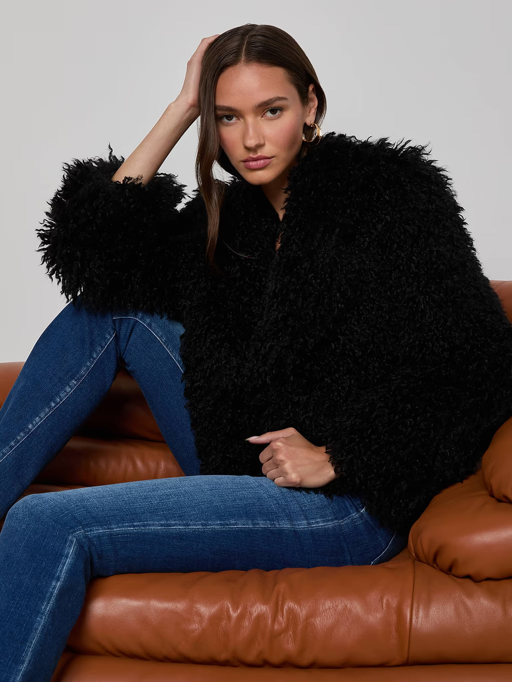 Aura Cropped Faux Fur Jacket - Black by L'agence — view 5