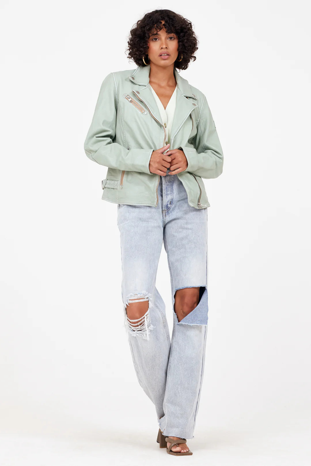 Sofia Leather Jacket - Frosty Green by Mauritius — alternate view