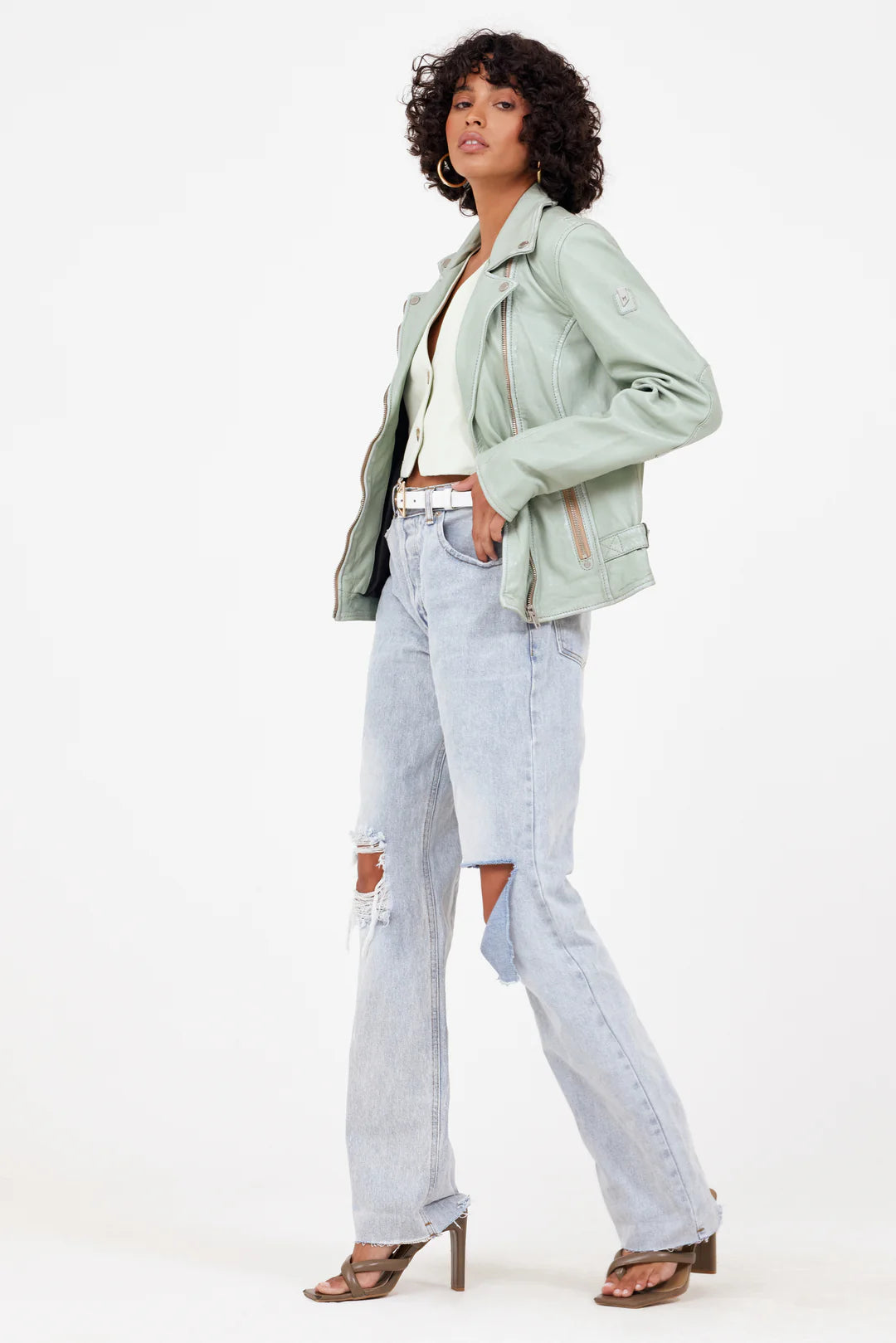 Sofia Leather Jacket - Frosty Green by Mauritius — view 3