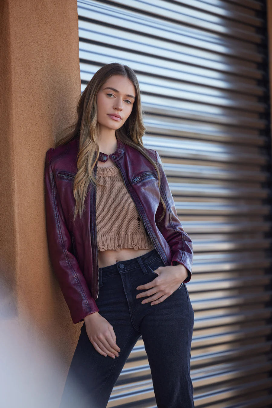 Ziya Leather Jacket - Dusty Red by Mauritius — view 3