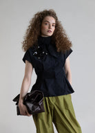 Ring Collar Sequin Floral Detail Cropped Shirt - Black by Psophia — alternate view