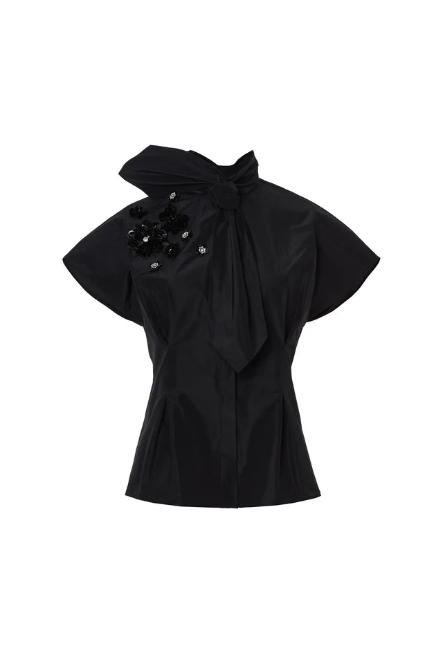 Ring Collar Sequin Floral Detail Cropped Shirt - Black by Psophia — view 3