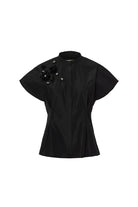 Ring Collar Sequin Floral Detail Cropped Shirt - Black by Psophia — view 4