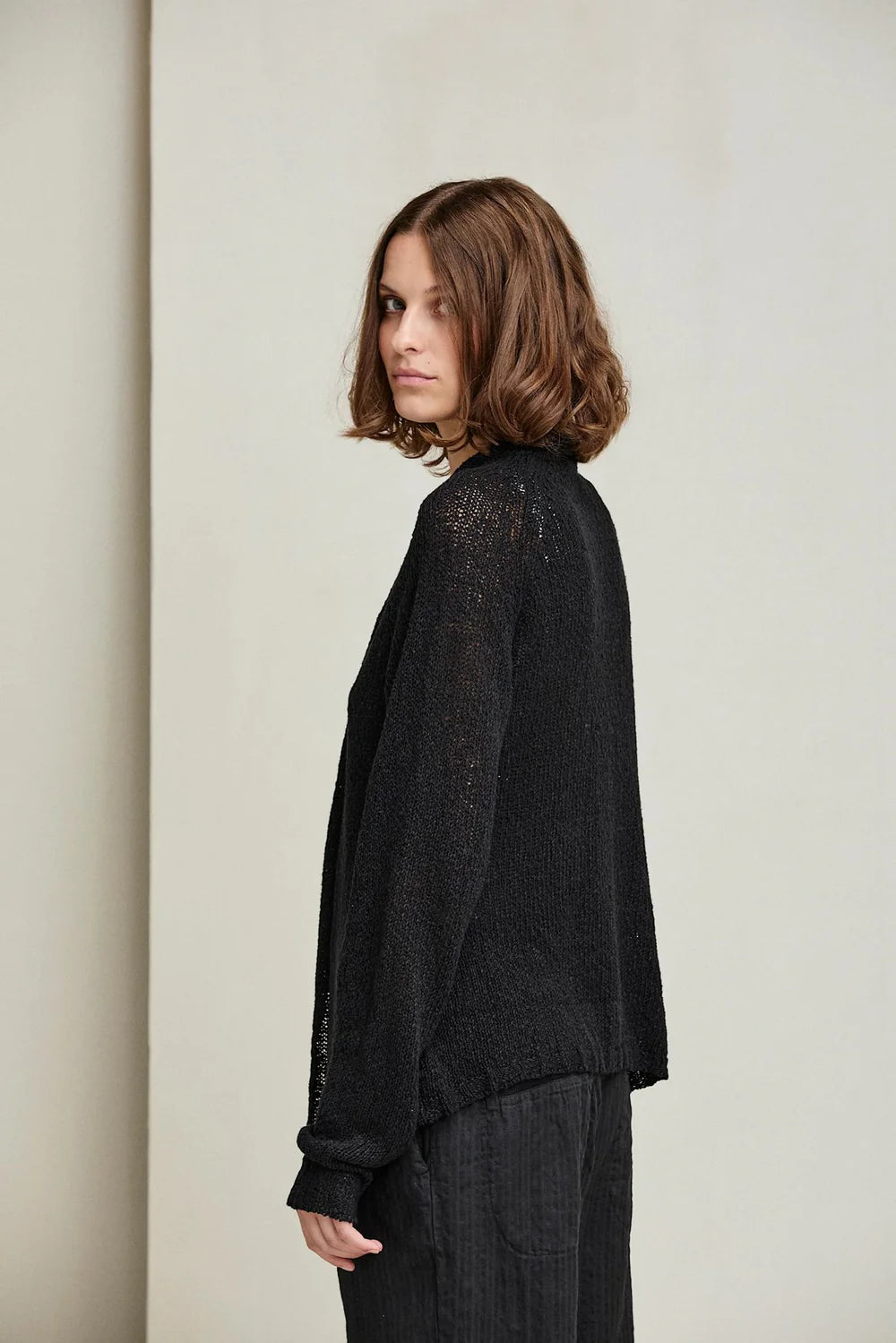 Cotton Linen Silk Cardigan - Black by Kristensen — alternate view