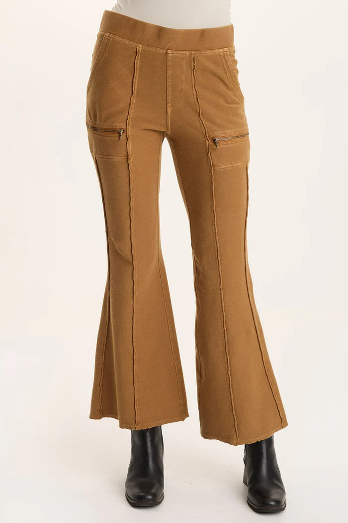 Ninian Twill Knit Zipper Pocket Flared Pant - Goldenrod Pigment by XCVI | 25 South Boutiques
